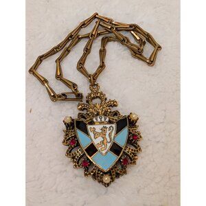 Vintage Brass Necklace Heraldic Shield Pendant W/ Lion Enamel & Rhinestones 15"